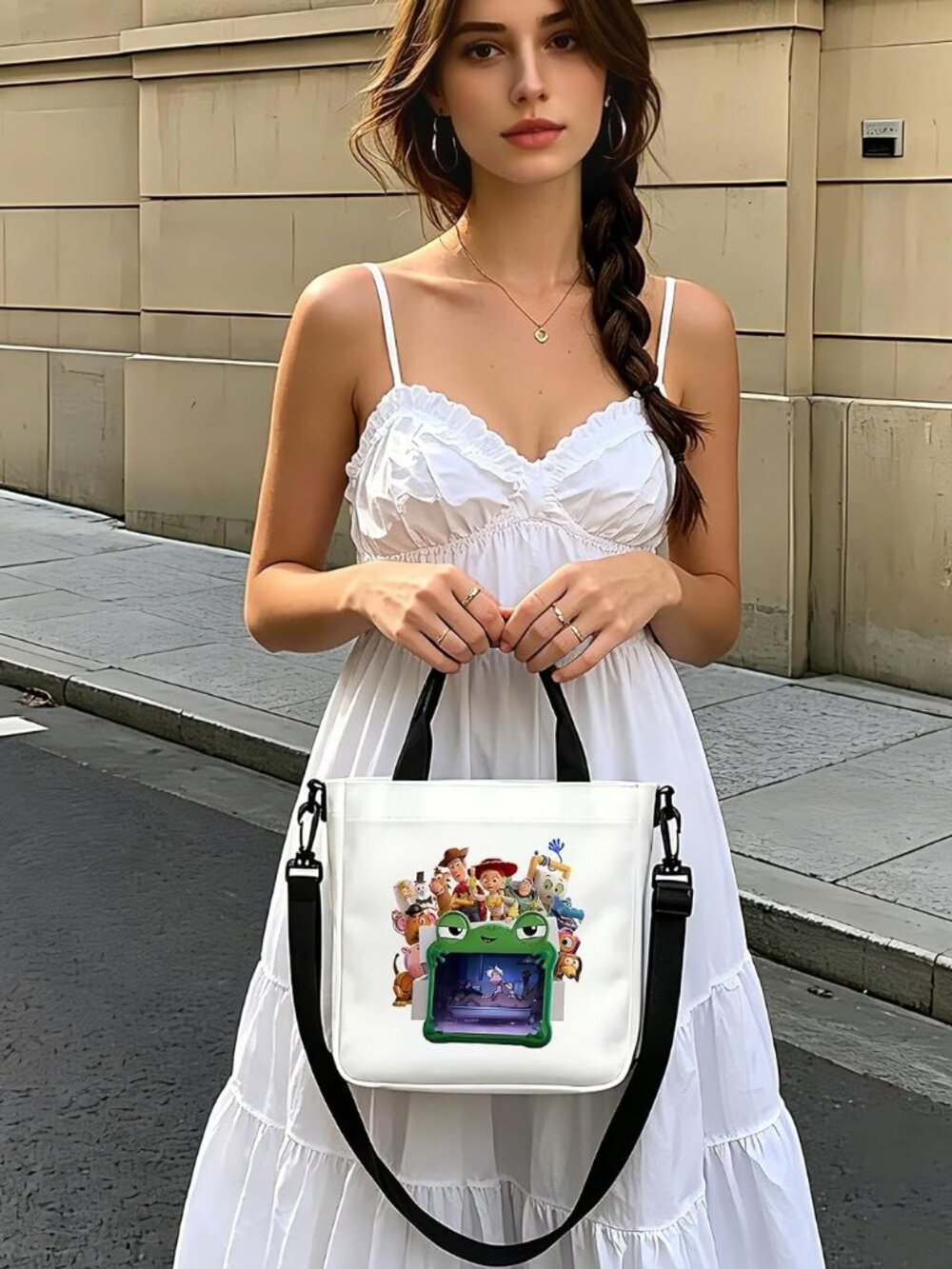 Toy Story 5 Tote Bag Crossbody Canvas Handbag Detachable Strap White Cartoon